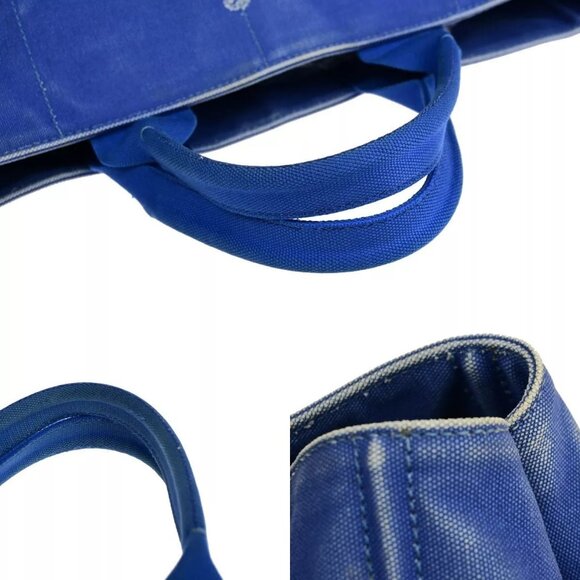 PRADA Milano Logo CANAPA Tote Hand Bag Canvas Leather Blue Gold - Picture 7 of 16